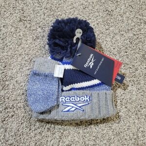 Reebok Infant Baby 6-12 Months Knit Cuffed Beanie & Mittens Set Logo NEW